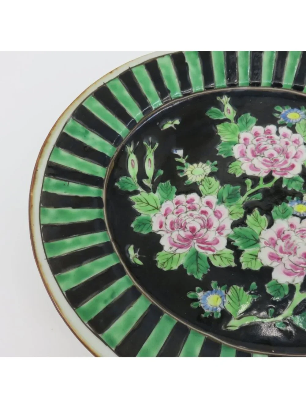 Antique Nippon 12.25in Pink Flower Black Green Stripe Oval Platter Plate Japan